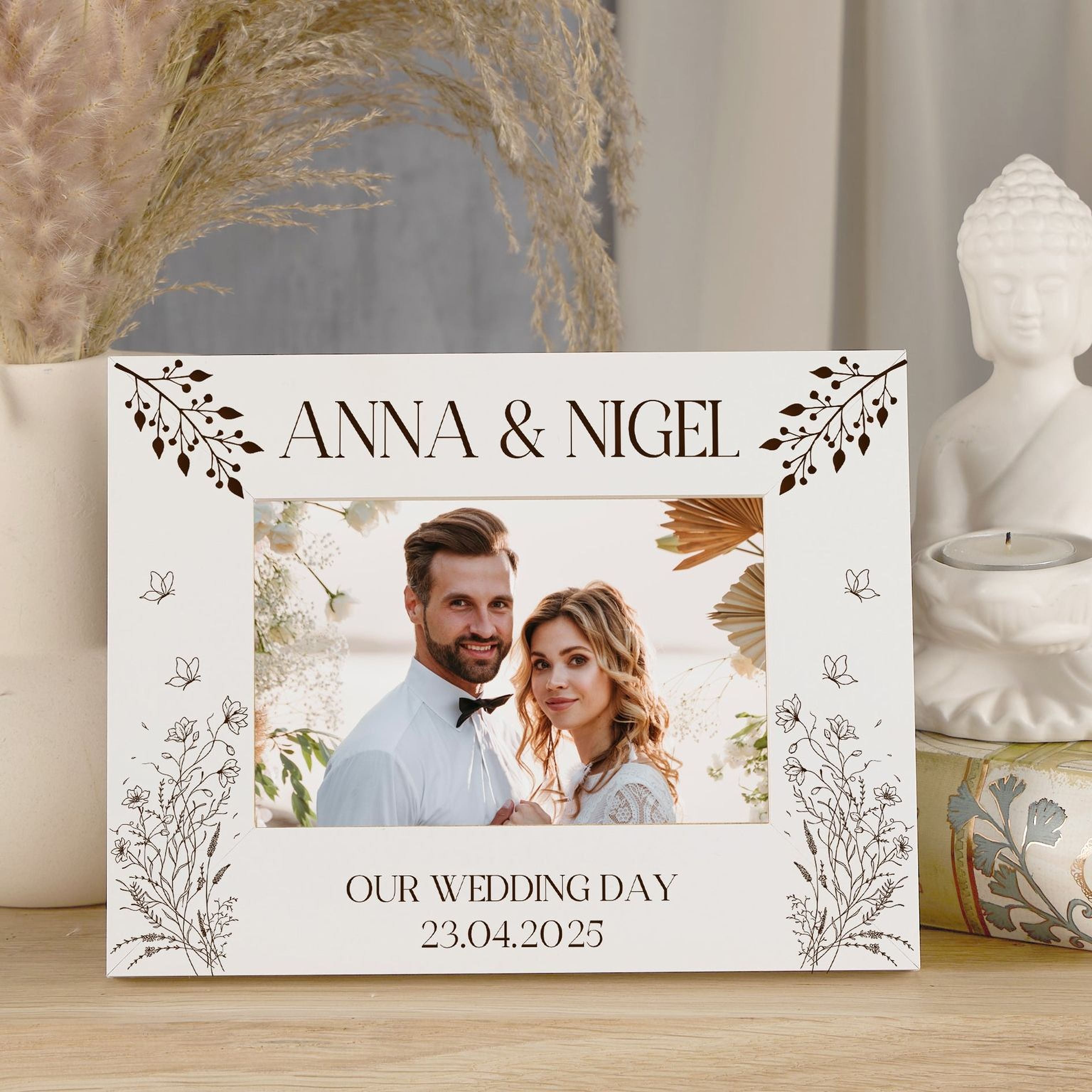 Personalised Wooden Engraved White Photo Frames Wedding Any Message With Wildflowers Photo Frame ukgiftstoreonline