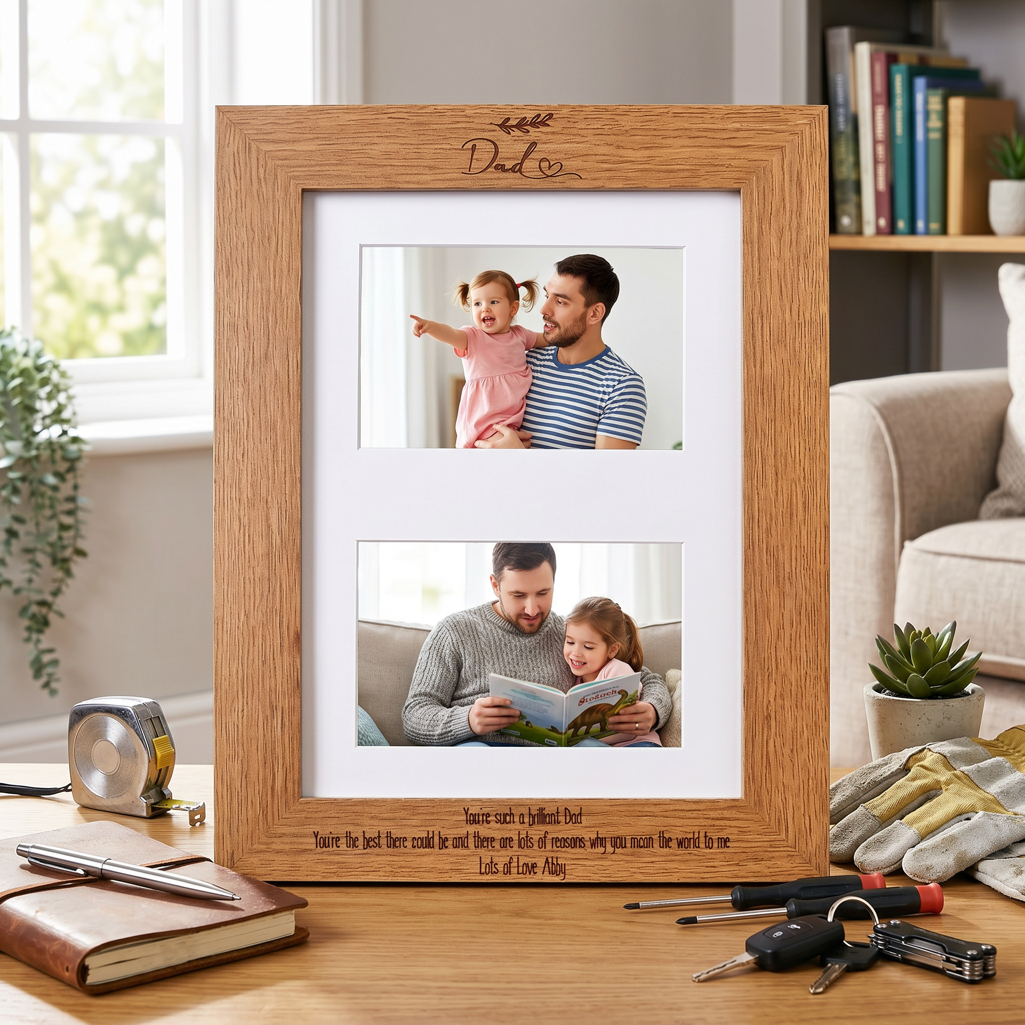 Personalised Dad Double Photo Picture Frame With Leaf Landscape Daddy Photo Frame ukgiftstoreonline