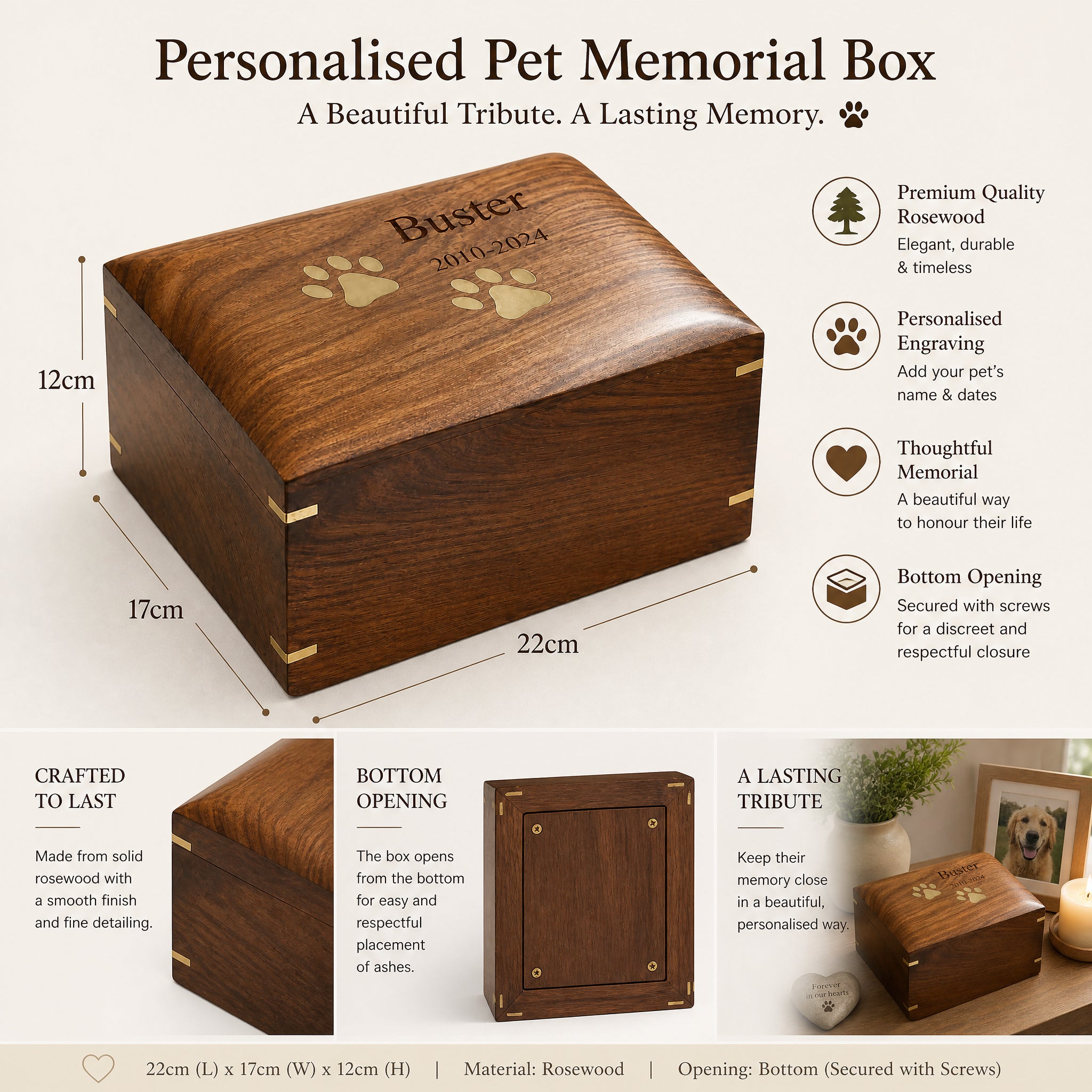 Large Personalised Handmade Wooden Pet Urn Box For Dogs With Brass Paw Inlays ukgiftstoreonline