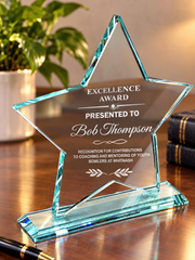 a star-shaped award on a wooden surface, with a potted plant in the background.