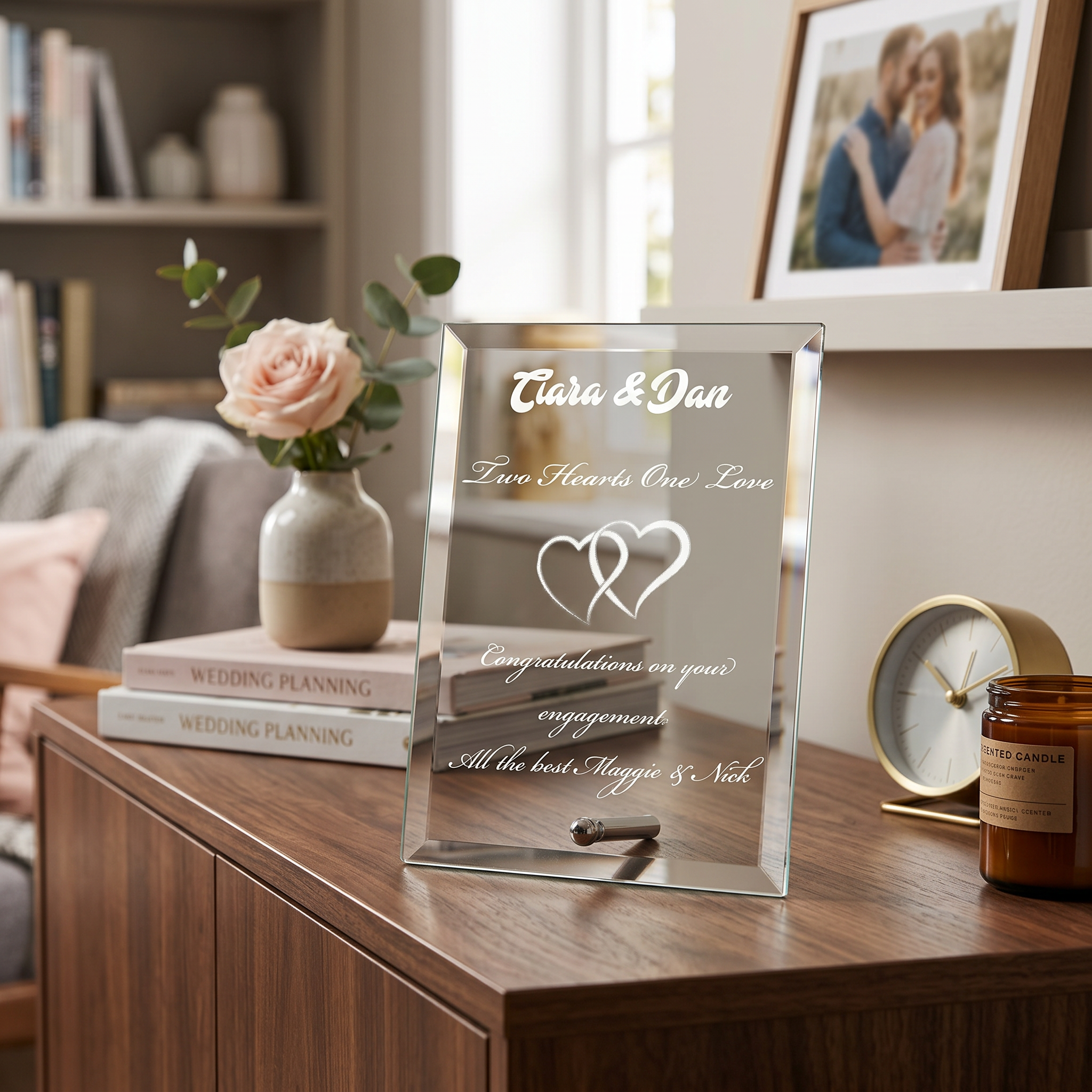 A glass frame with a personalized message on it, placed on a wooden table. The frame has a rose in a vase and a candle nearby.