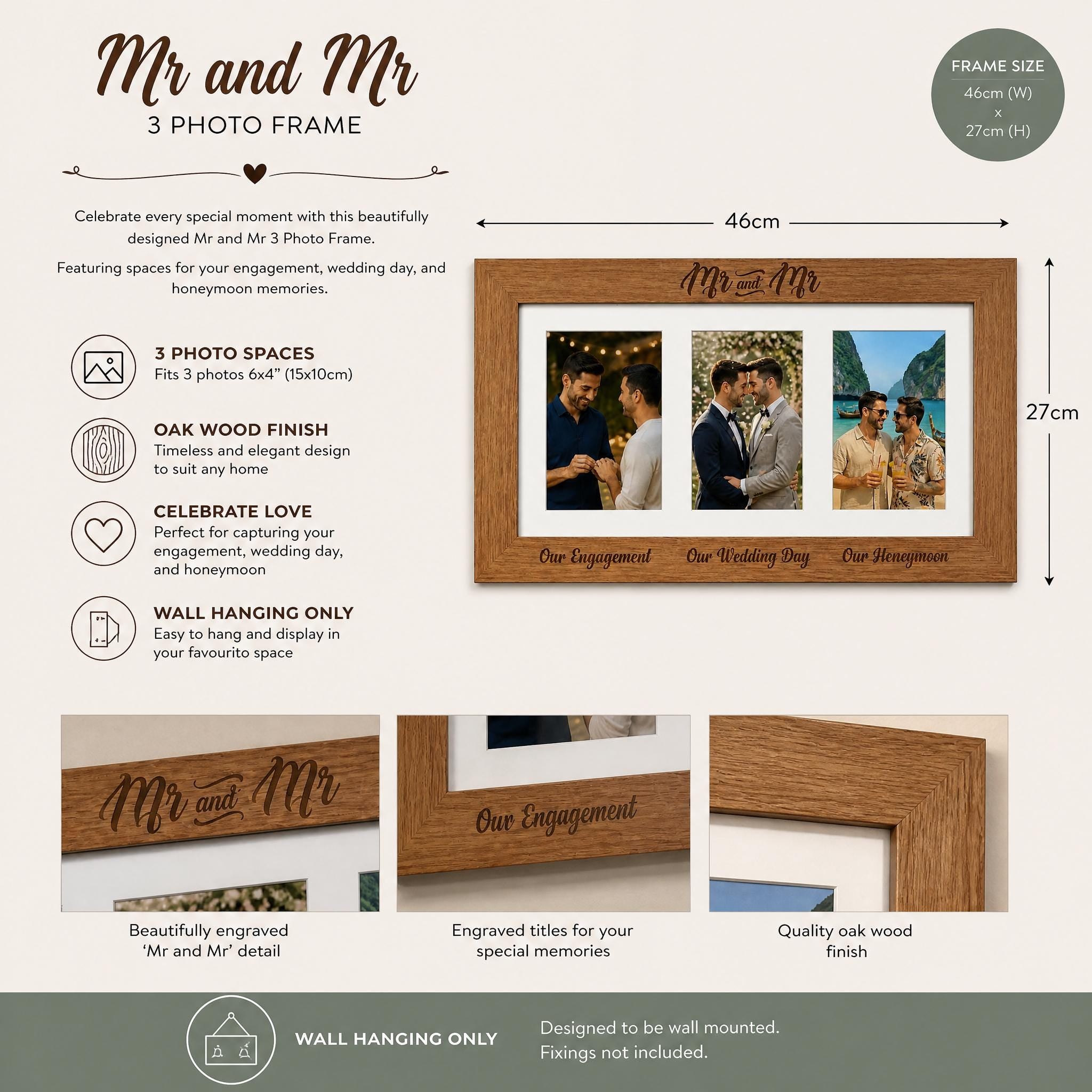 The image is a 3-photo frame for a wedding or engagement photo, featuring a beautiful design and a special message engraved on the frame.