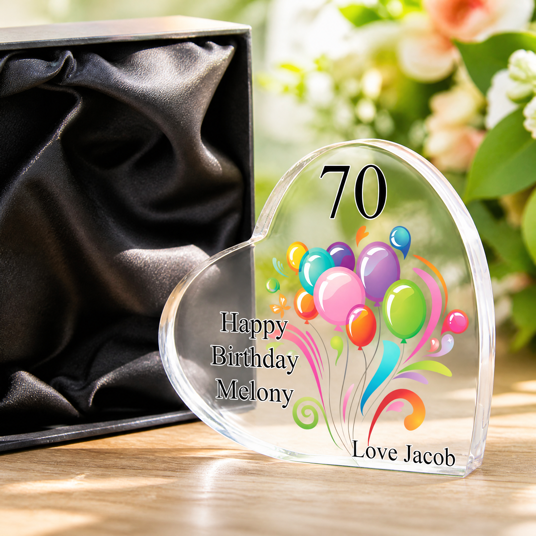 Personalised 70th Birthday Balloon Heart Block In Gift Box Personalised Plaque Gift ukgiftstoreonline