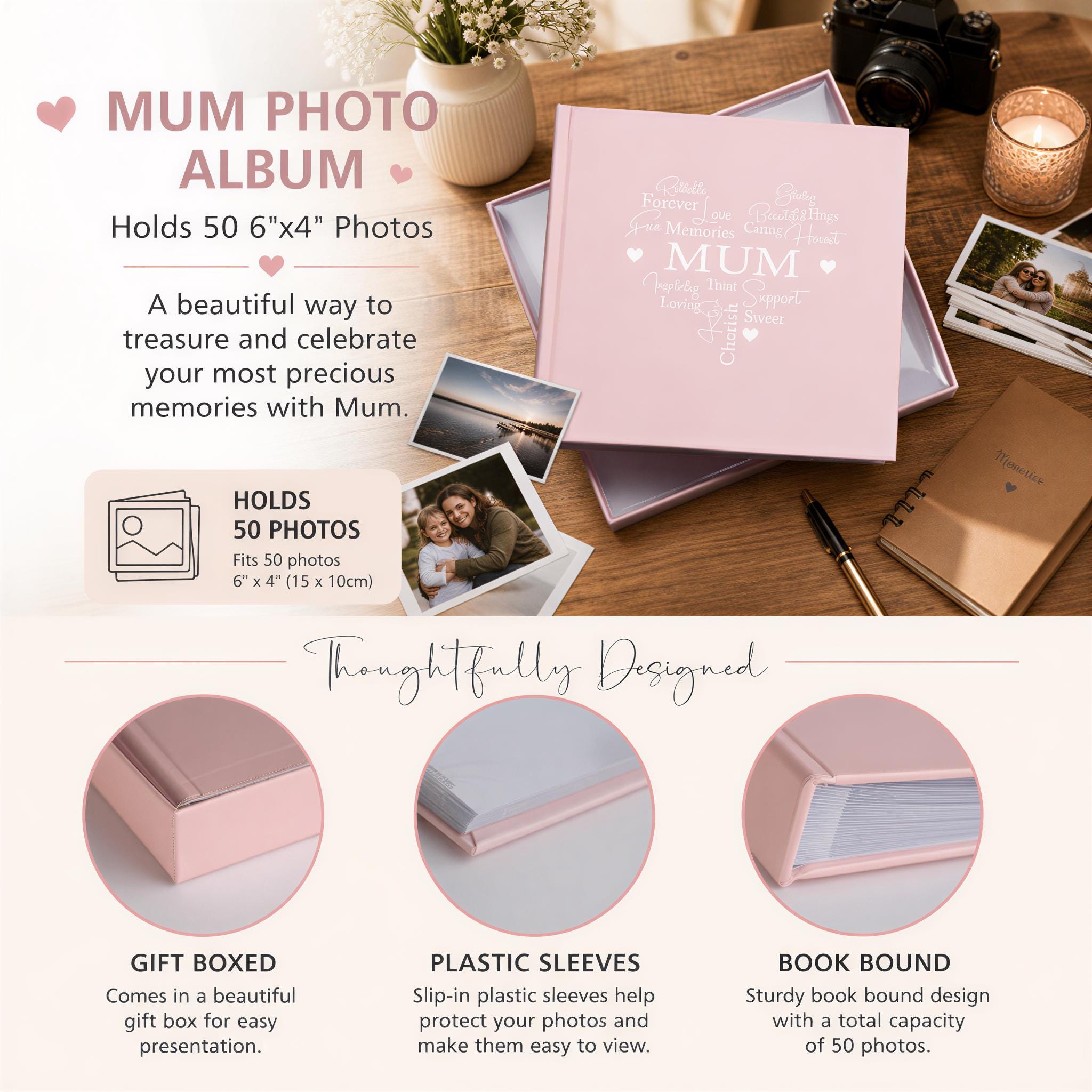 The image is an advertisement for a pink photo album that holds 50 photos. It features a close-up of the album's cover, along with a few other images of the album and its contents. The text highlights the album's features, such as its ability to hold 50 photos, its thoughtful design, and its practical features like gift boxes, plastic sleeves, and book bindings.