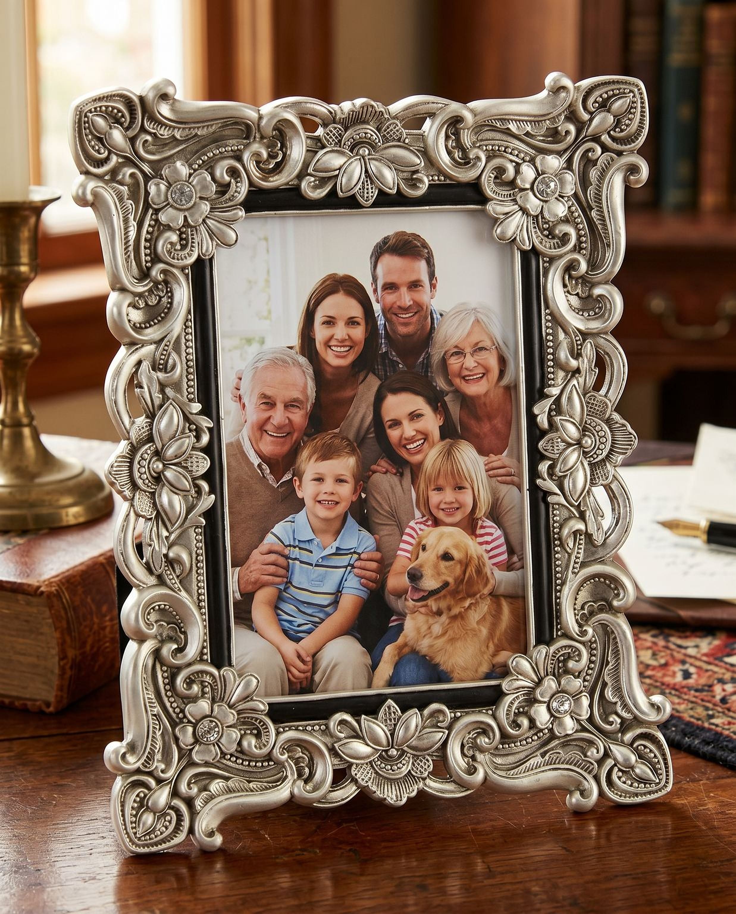Vintage Style Antique Silver Floral Resin Frame With Crystals 4x6 photo frame ukgiftstoreonline