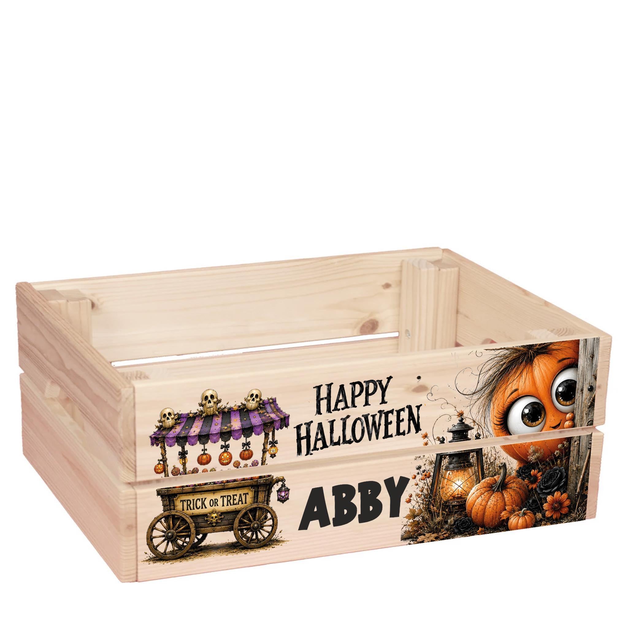 A wooden crate with a Halloween-themed design on it. The crate has a pumpkin and a trick or treat wagon illustration, along with a text that says "Happy Halloween" and "Abby" printed on it.