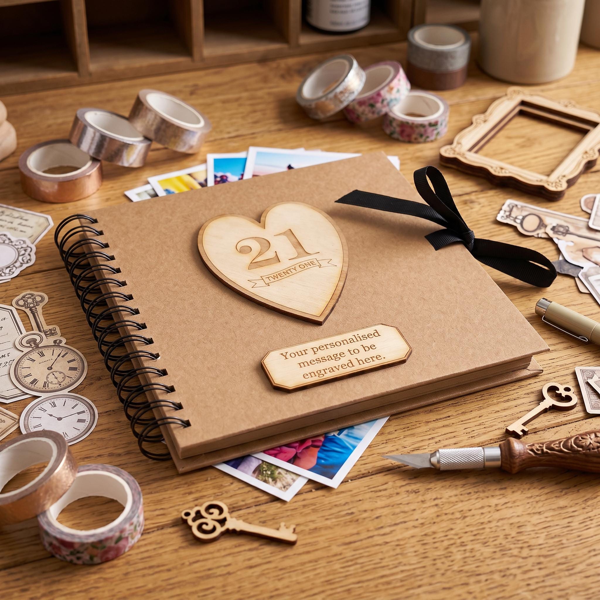 Personalised Brown Birthday Guest Book – Wooden Engraved Scrapbook Album 8x8 with Kraft Paper ukgiftstoreonline