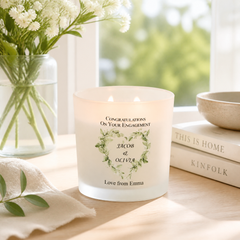 Personalised Large Double Wick Engagement Candle Gift With Floral Heart Wreath personalised Candle Lights ukgiftstoreonline