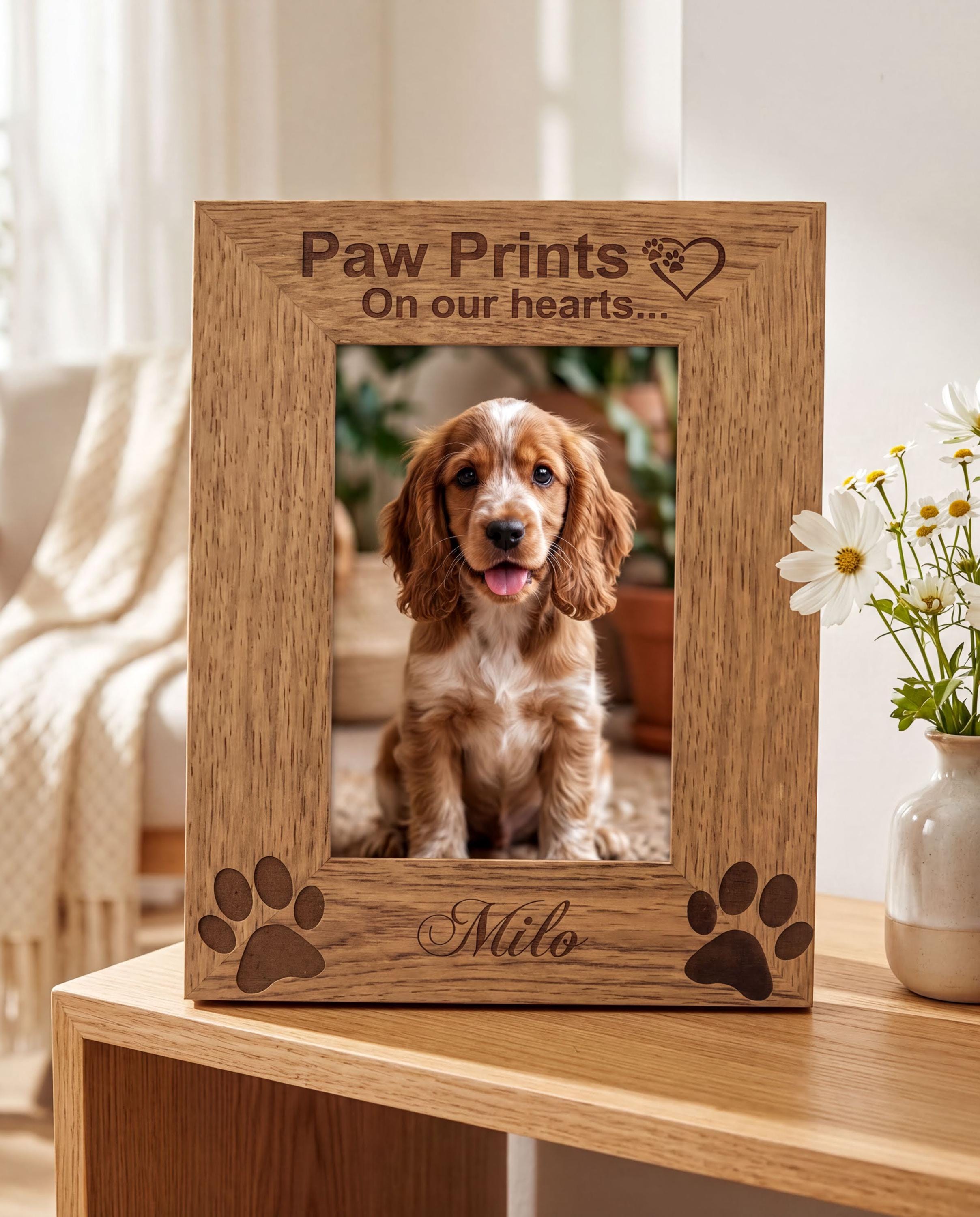 A wooden picture frame with a photo of a brown and white dog inside, accompanied by the text "Paw Prints on our hearts..." and the dog's name "Milo".
