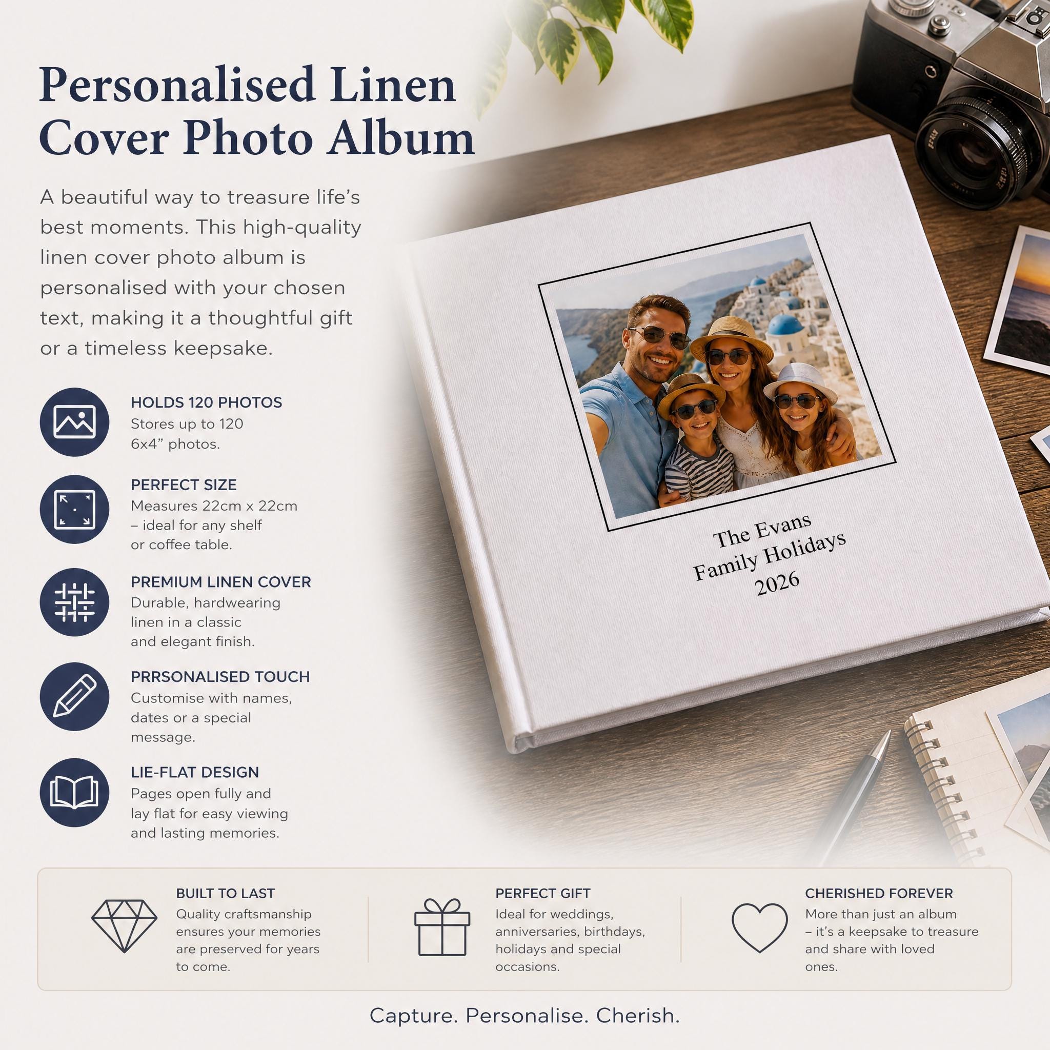 The image is a promotional poster for a personalized linen cover photo album. It features a photo of a family, along with various text elements describing the album's features and benefits.