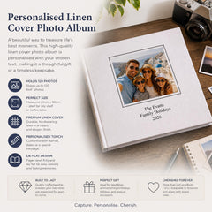 The image is a promotional poster for a personalized linen cover photo album. It features a photo of a family, along with various text elements describing the album's features and benefits.