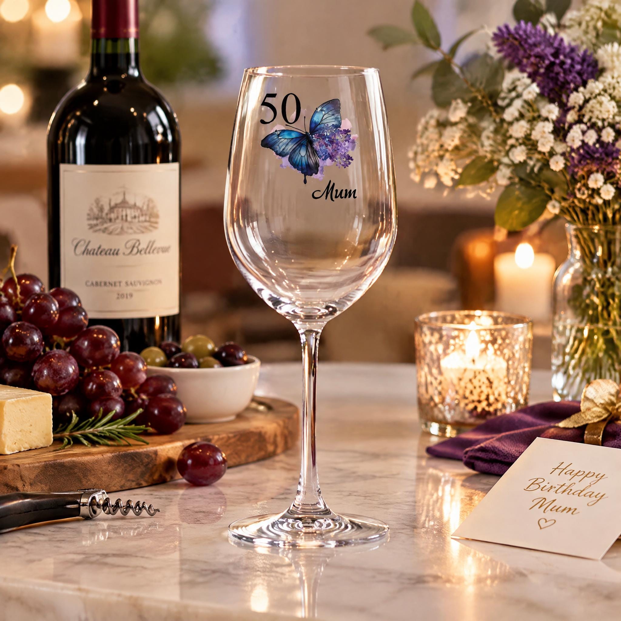 a table with a bottle of wine, a wine glass with a butterfly design, a vase of purple flowers, a bowl of grapes, a candle, and a note.