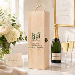 Personalised 50th Anniversary Wooden Wine or Champagne Box Gift Champagne Bottle Holders ukgiftstoreonline