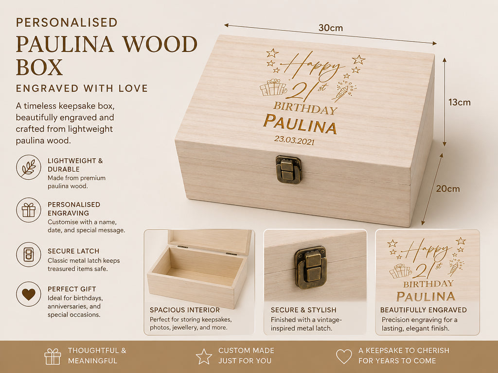 Personalised Birthday Keepsake Box, Wooden Engraved Gift For Any Age Keepsake Wooden Box Raised Words