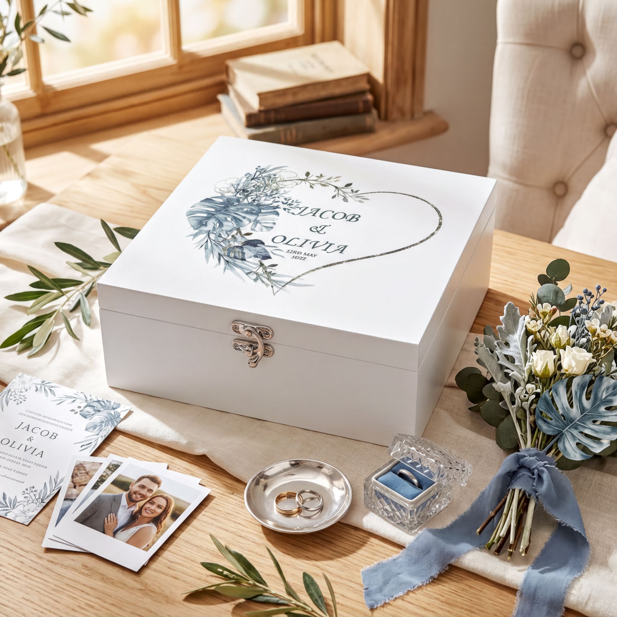 Personalised Luxury Wooden Wedding Box Keepsakes With Blue Tropical Heart Keepsake Wooden Box ukgiftstoreonline
