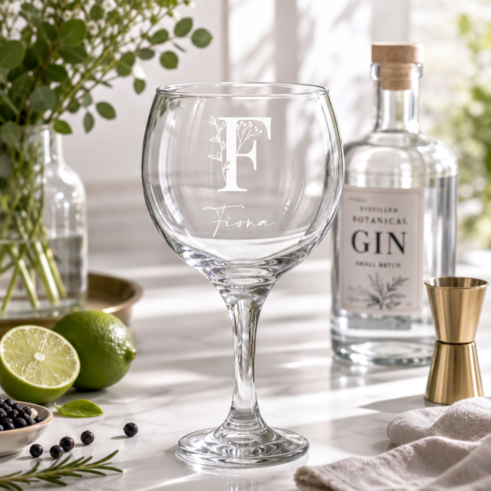 Personalised Beautiful Floral Alphabet Font Gin and Tonic or Cocktail Glass Gift Personalised Gin Glasses ukgiftstoreonline