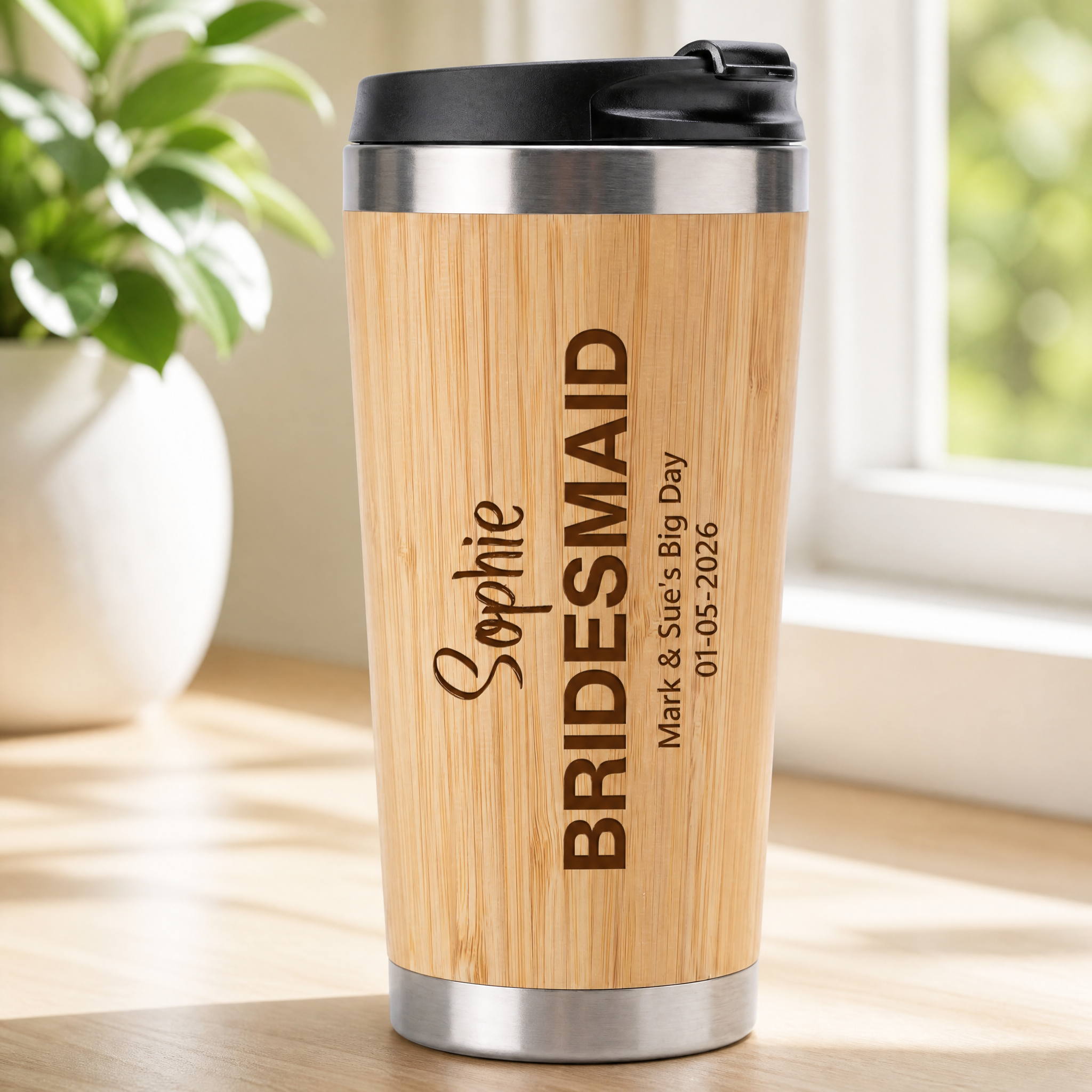 Personalised Bamboo Travel Mug Wedding Favour Gift Bridesmaid Maid Honour Personalised Mugs ukgiftstoreonline