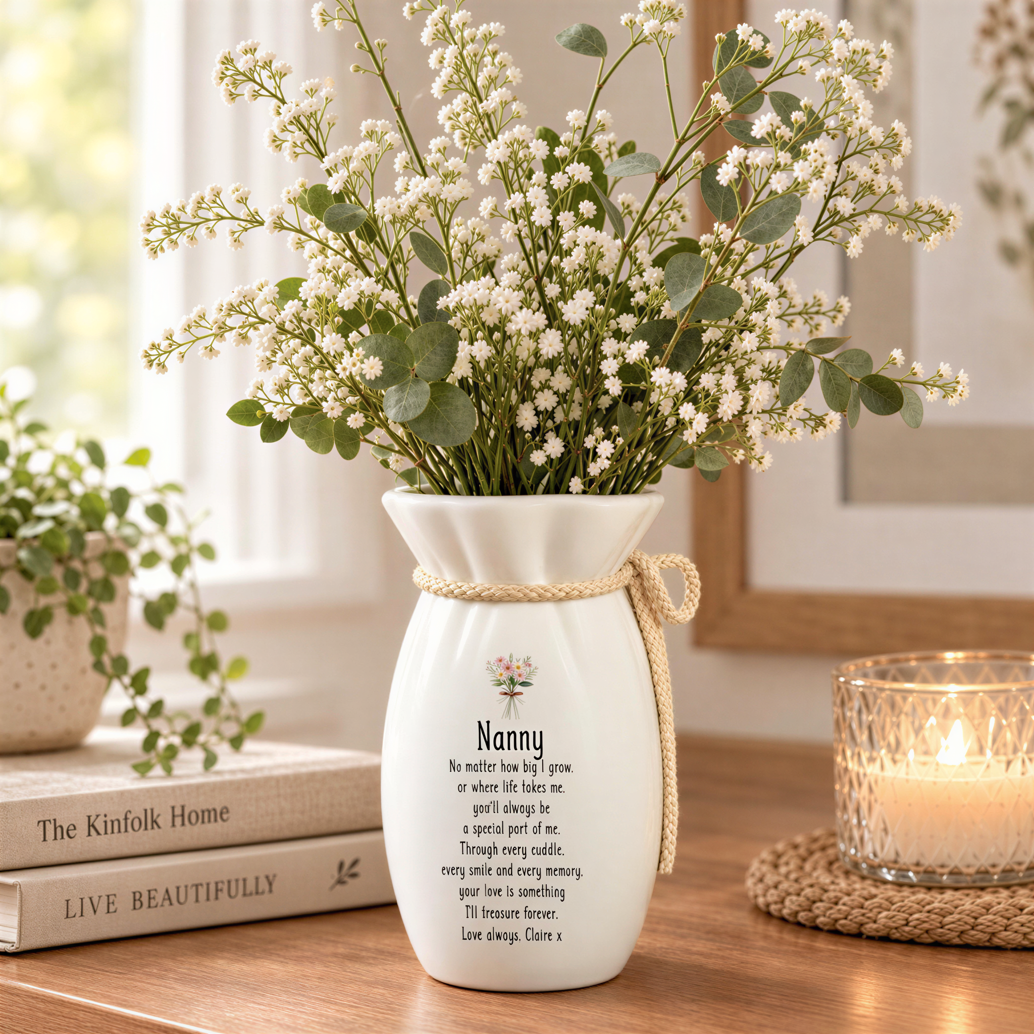 A white vase with a floral arrangement sits on a wooden surface, accompanied by a lit candle and a stack of books.