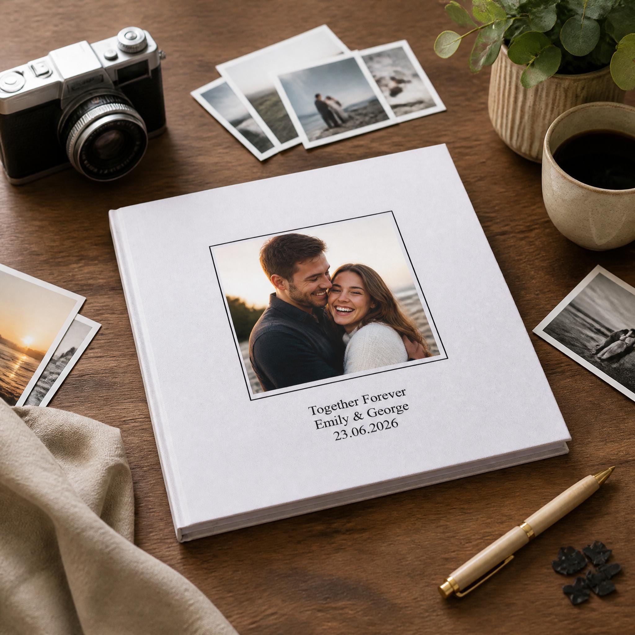 a white photo album with a couple embracing, surrounded by various items such as a camera, photographs, and a cup of coffee.