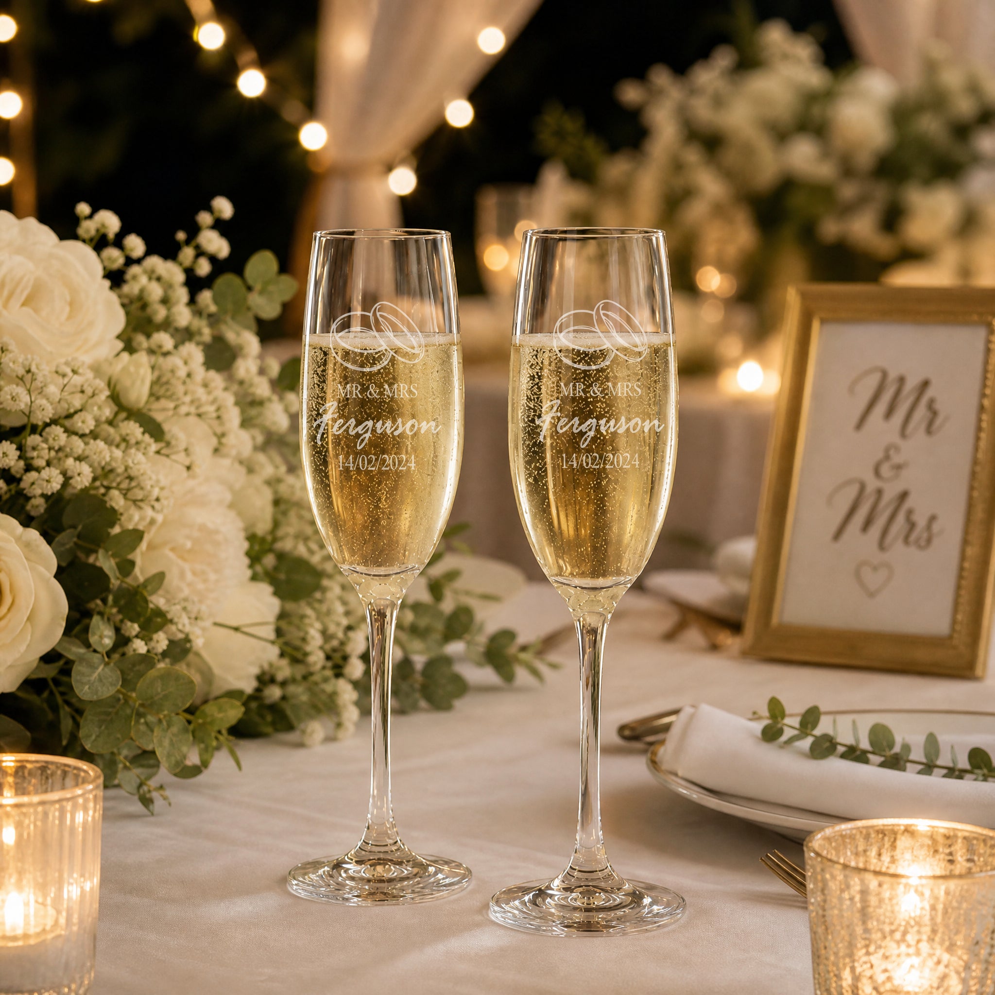 Personalised Engraved Wedding Champagne Glasses Set With Ring Emblem Personalised Champagne Glasses ukgiftstoreonline