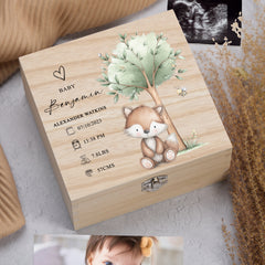 Personalised Wooden Baby Memory Keepsake Box With Furry Cute Boho Animals