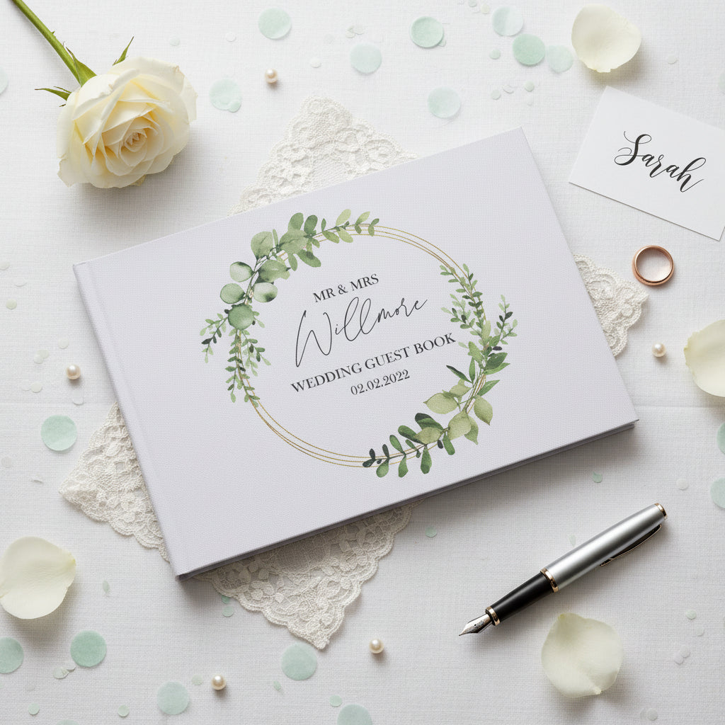 Personalised Green Leaf Wreath Wedding Linen Guest Book Printed Guest Book ukgiftstoreonline