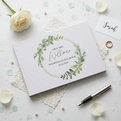 Personalised Green Leaf Wreath Wedding Linen Guest Book Printed Guest Book ukgiftstoreonline