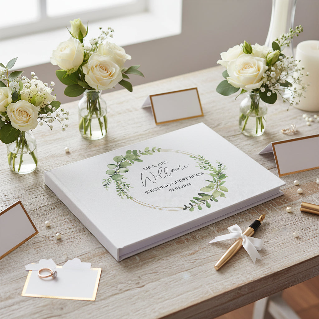 Personalised Green Leaf Wreath Wedding Linen Guest Book Printed Guest Book ukgiftstoreonline