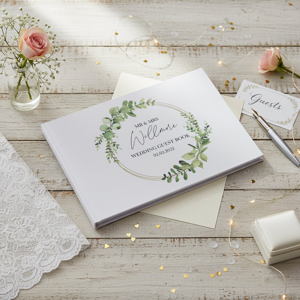 Personalised Green Leaf Wreath Wedding Linen Guest Book Printed Guest Book ukgiftstoreonline