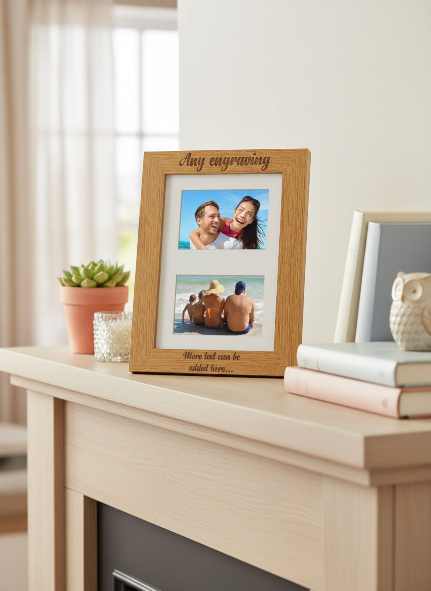 Personalised Engraved Double Wooden Photo Frame Gift Cursive Text personalised photo frames ukgiftstoreonline