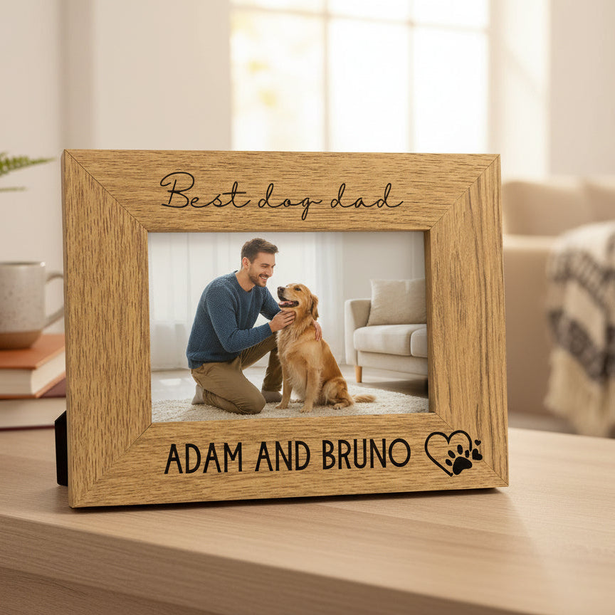 Personalised Best Dog Dad Photo Frame Gift Engraved Oak Wood Finish Pet Photo Frame ukgiftstoreonline 5 x 7 Inch
