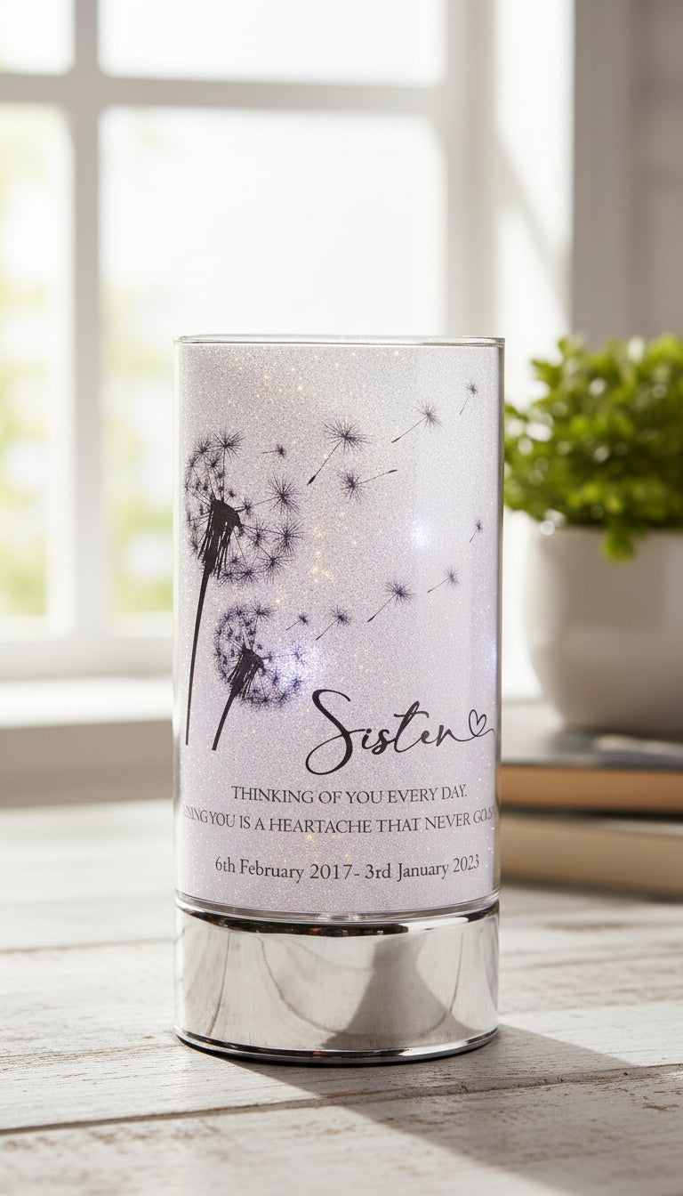 Personalised Sister Memorial Led Lamp With Dandelions Personalised Lights ukgiftstoreonline