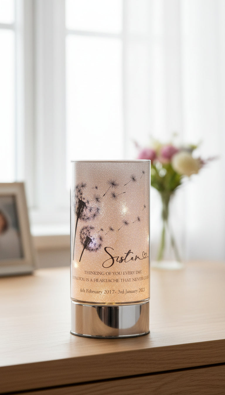 Personalised Sister Memorial Led Lamp With Dandelions Personalised Lights ukgiftstoreonline