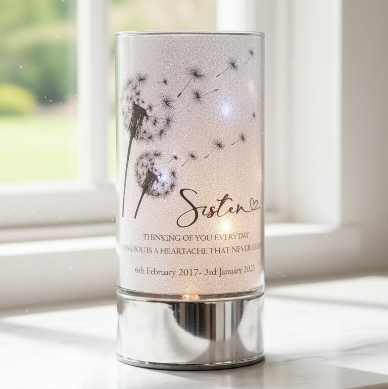 Personalised Sister Memorial Led Lamp With Dandelions Personalised Lights ukgiftstoreonline