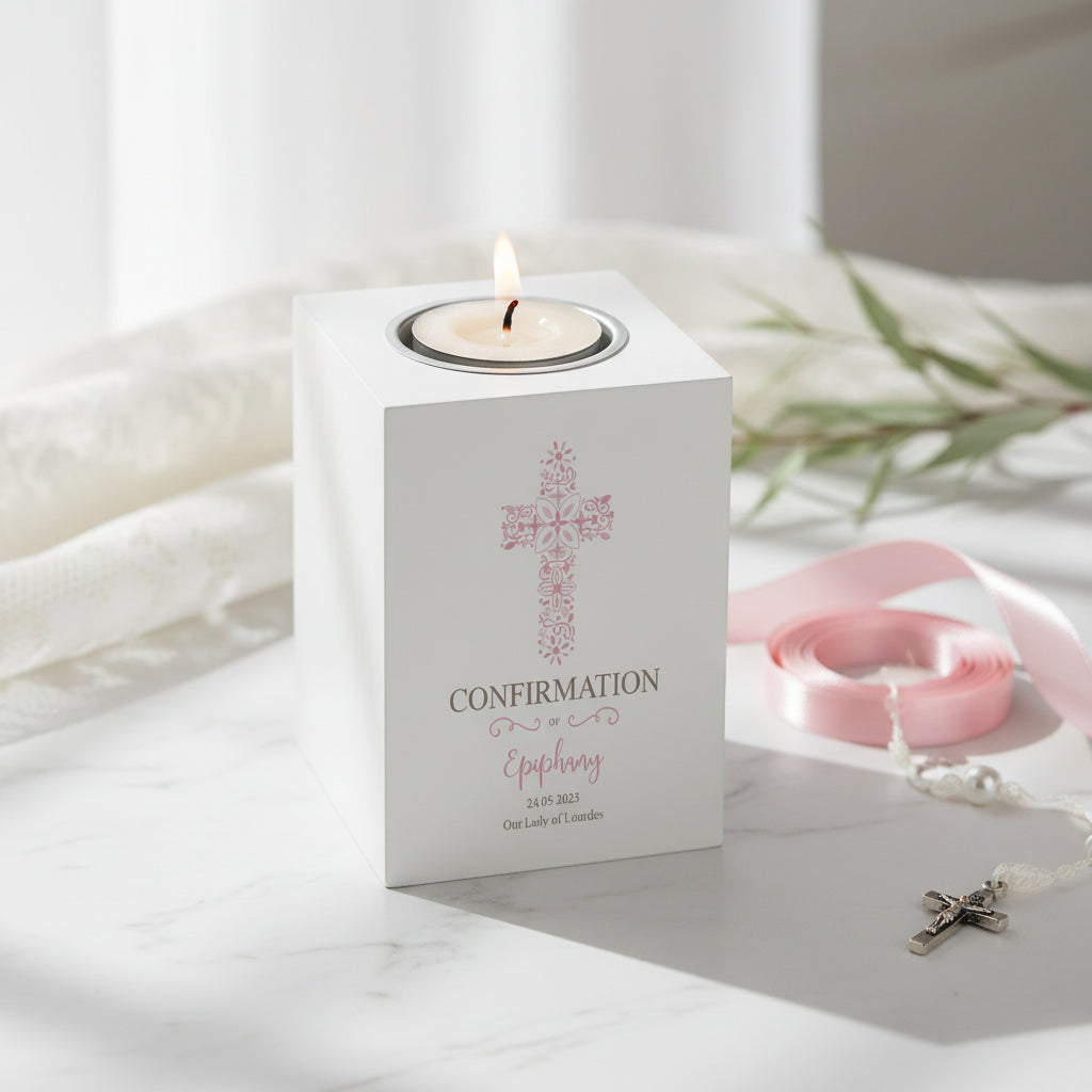 Personalised Confirmation Gift Ornate Cross Design Tea Light Holder Tea Light Holder ukgiftstoreonline