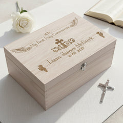 Communion Gift Boy's Personalised Large wooden Keepsake Box Gift Keepsake Memory Box Raised Words