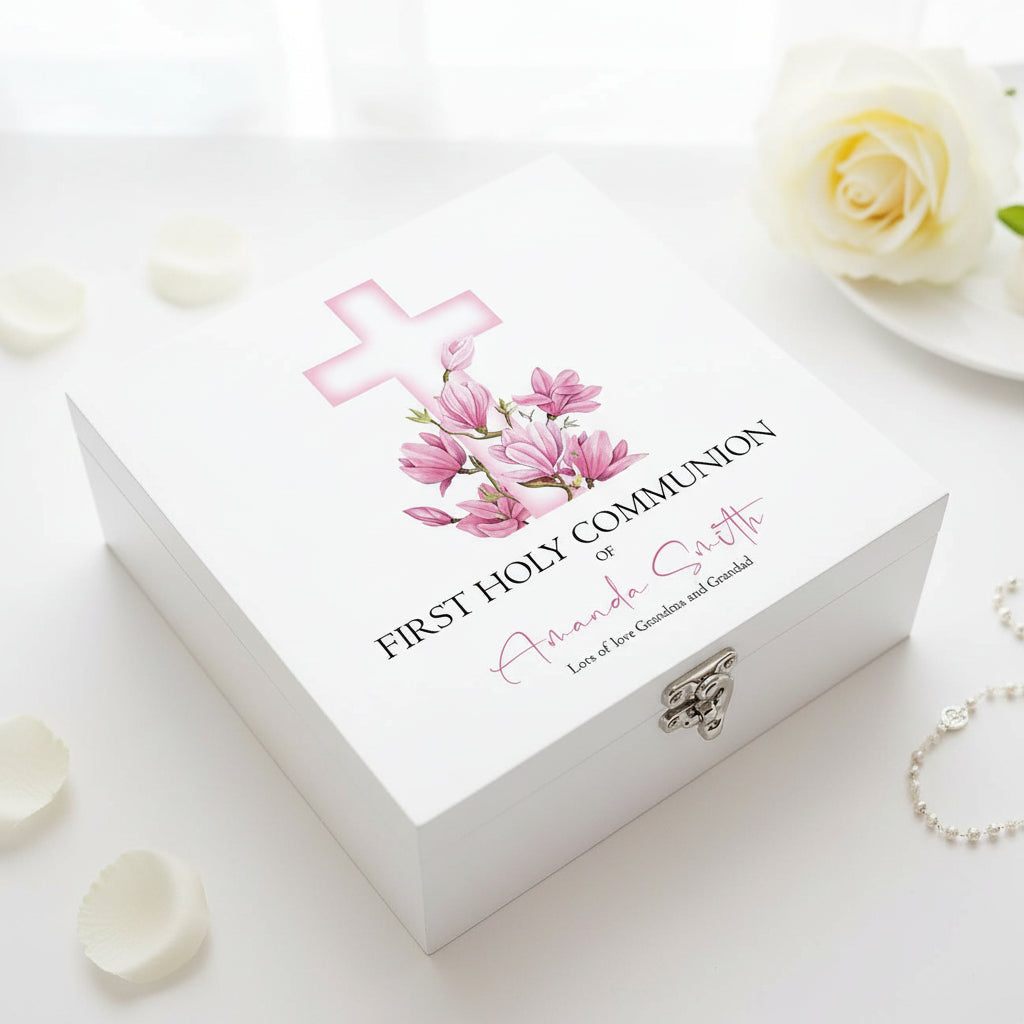Personalised First Holy Communion Wooden Keepsake Memory Box Pink Cross ukgiftstoreonline