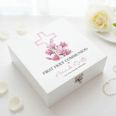 Personalised First Holy Communion Wooden Keepsake Memory Box Pink Cross ukgiftstoreonline