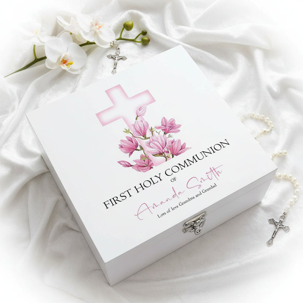 Personalised First Holy Communion Wooden Keepsake Memory Box Pink Cross ukgiftstoreonline