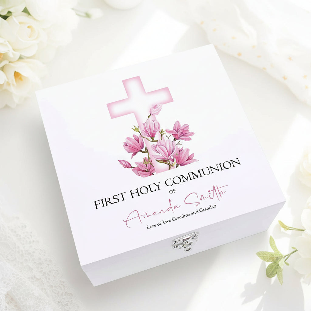 Personalised First Holy Communion Wooden Keepsake Memory Box Pink Cross ukgiftstoreonline