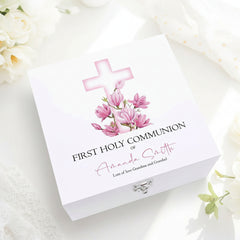 Personalised First Holy Communion Wooden Keepsake Memory Box Pink Cross ukgiftstoreonline
