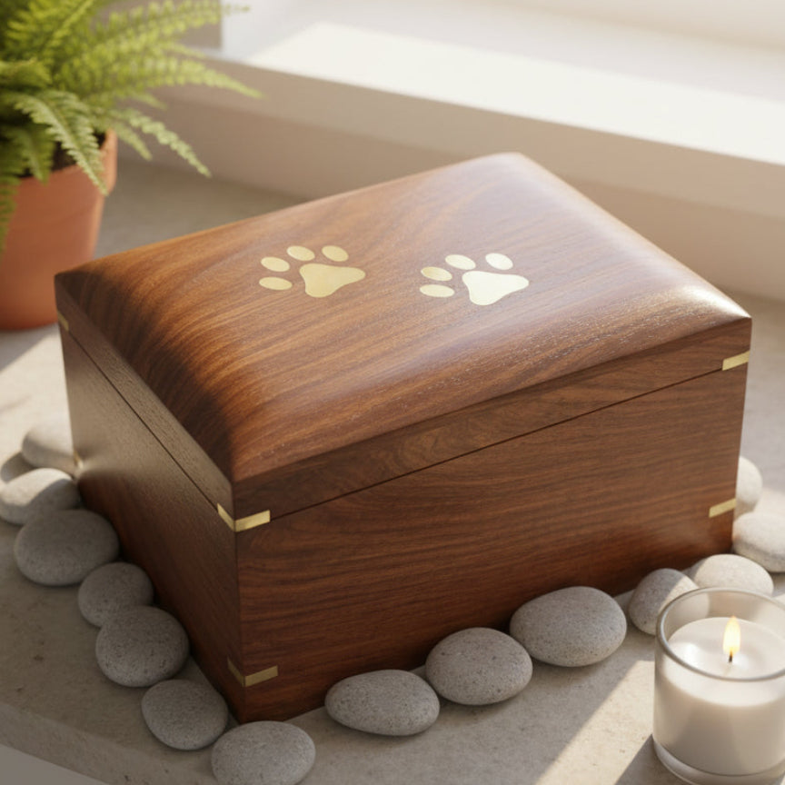 Large Handmade Wooden Pet Urn Box For Dogs With Brass Paw Inlays ukgiftstoreonline