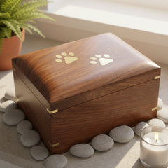 Large Handmade Wooden Pet Urn Box For Dogs With Brass Paw Inlays ukgiftstoreonline
