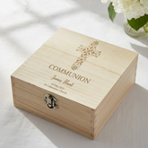 Personalised Communion Wooden Engraved Keepsake Box With Floral Cross Design ukgiftstoreonline
