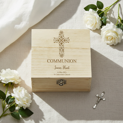Personalised Communion Wooden Engraved Keepsake Box With Floral Cross Design ukgiftstoreonline