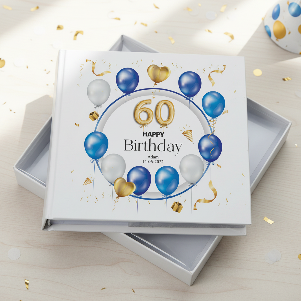 Personalised 60th Birthday Photo Album Gift With Blue and Gold Balloons Birthday Photo Album ukgiftstoreonline