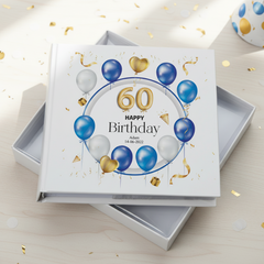 Personalised 60th Birthday Photo Album Gift With Blue and Gold Balloons Birthday Photo Album ukgiftstoreonline