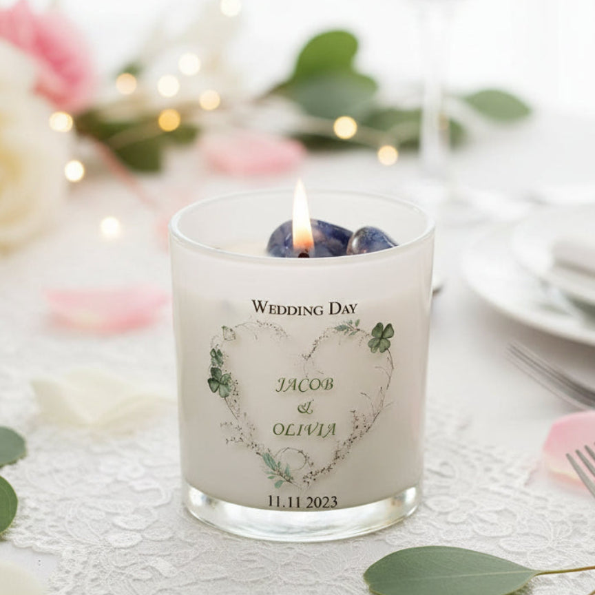 Personalised Wedding Day Candle Gift With Green Floral Heart Tea Light Holder ukgiftstoreonline