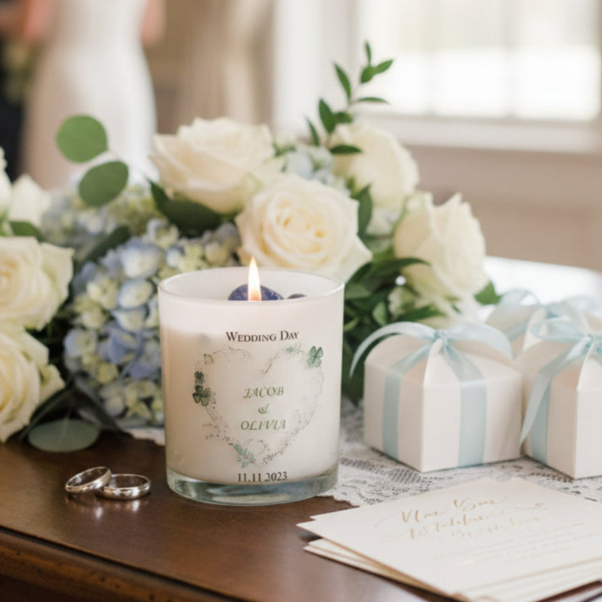 Personalised Wedding Day Candle Gift With Green Floral Heart Tea Light Holder ukgiftstoreonline