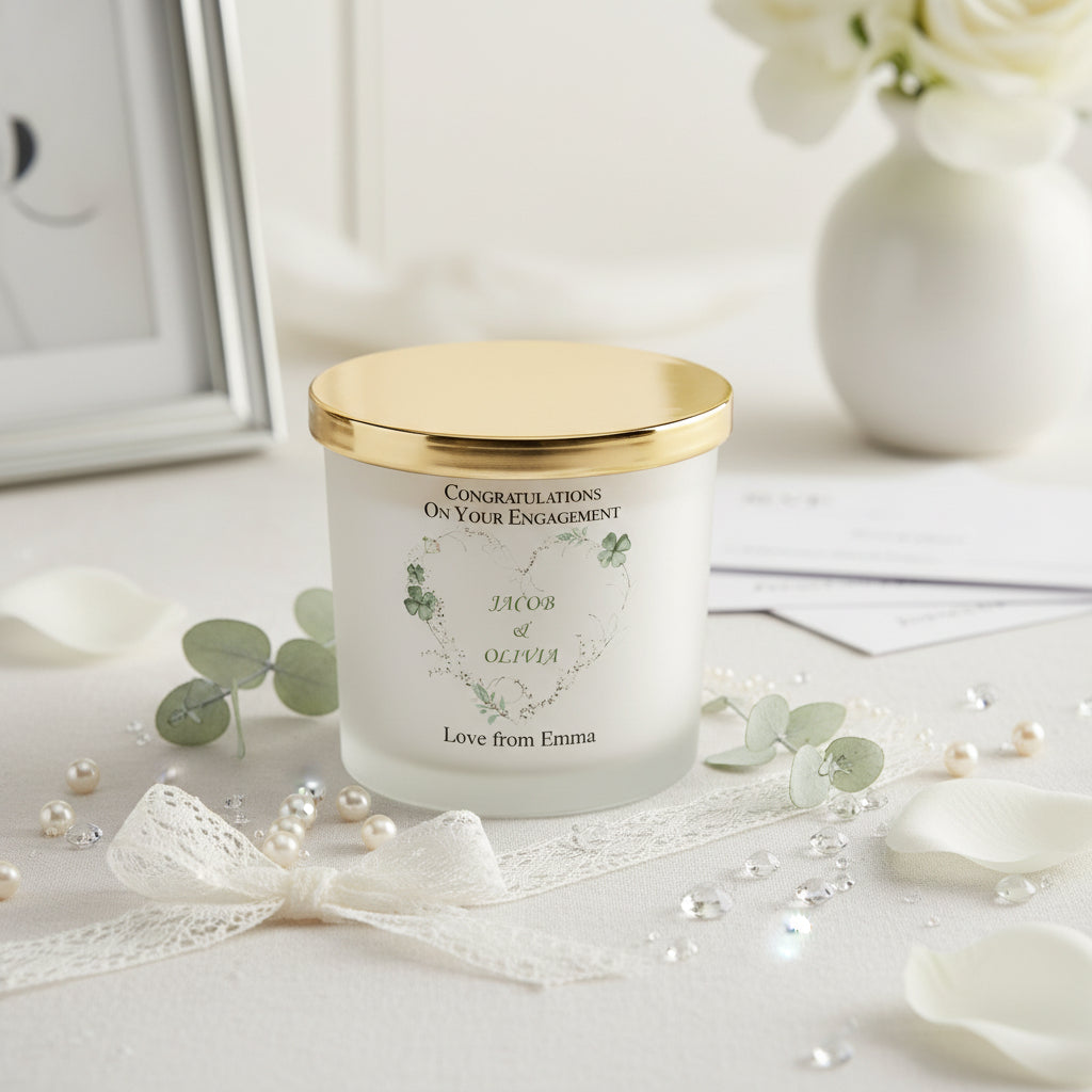 Personalised Large Double Wick Engagement Candle Gift With Green Clover Heart Wreath personalised Candle Lights ukgiftstoreonline